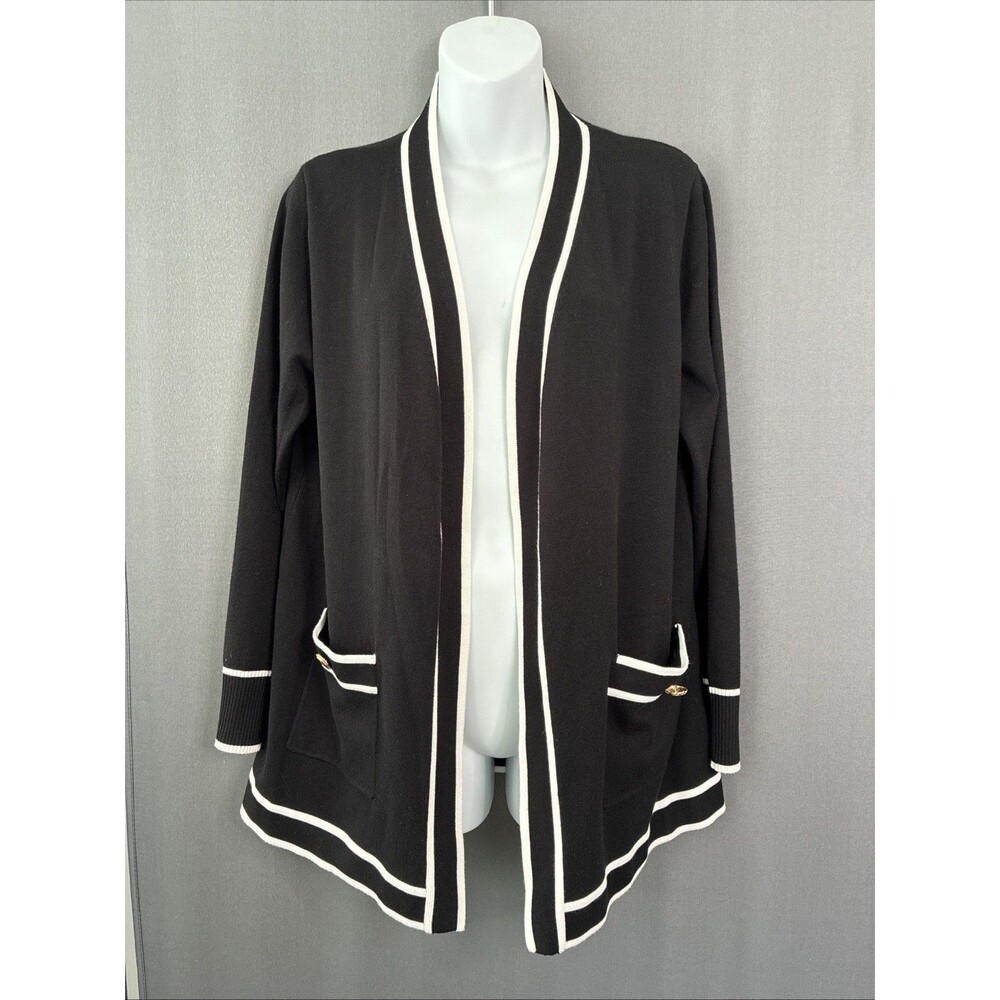 Black White Contrast Trim Cardigan Sweater Large Gold Crest Buttons Minimalist